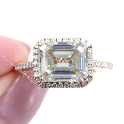 East West Emerald halo Champagne Moissanite diamond Engagement Ring Vintage Rose Gold Art Deco Radiant moissanite diamond halo bridal ring Wan Love Designs