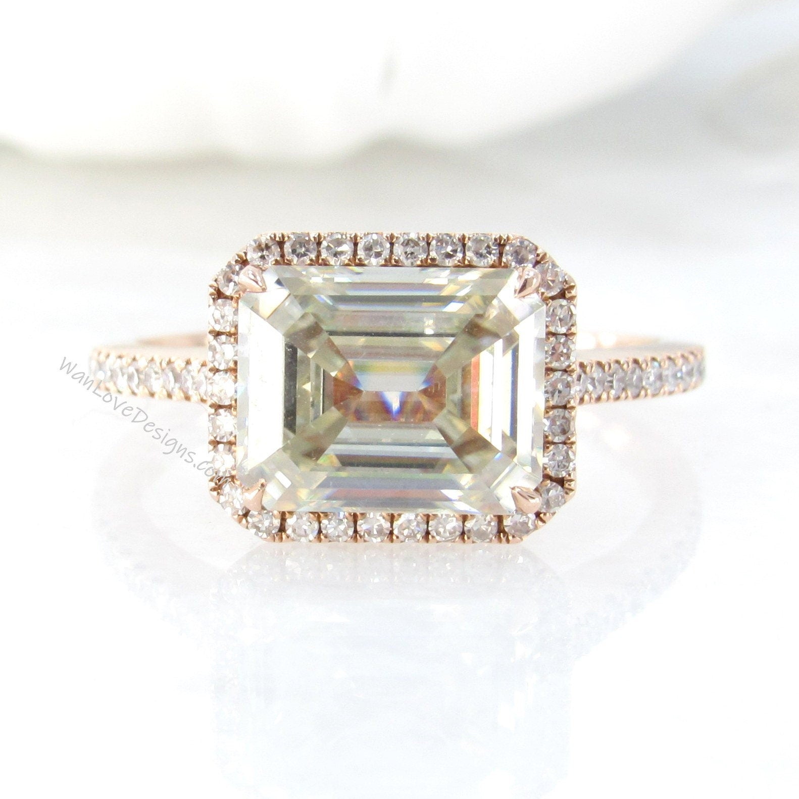 East West Emerald halo Champagne Moissanite diamond Engagement Ring Vintage Rose Gold Art Deco Radiant moissanite diamond halo bridal ring Wan Love Designs