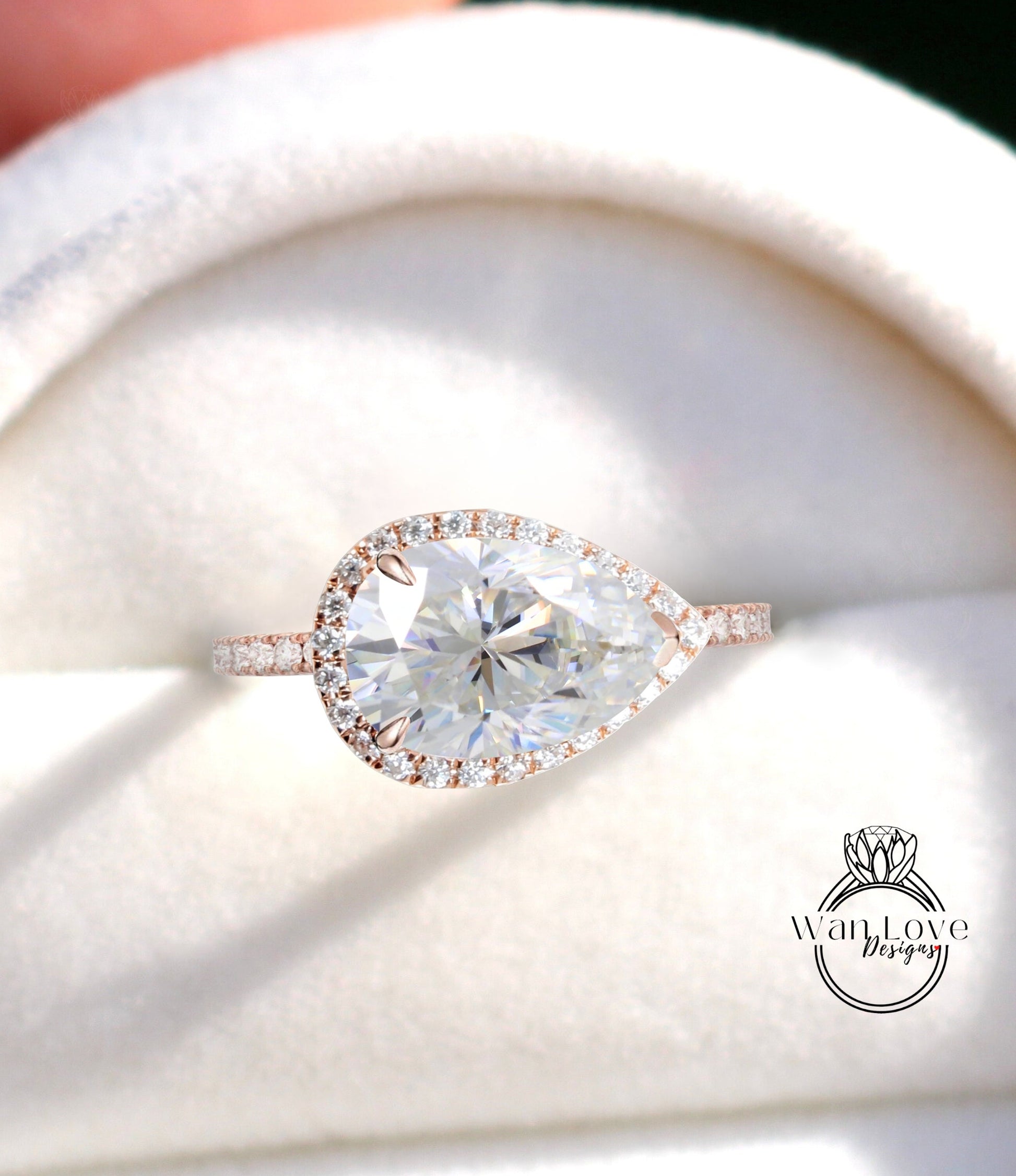 East West Engagement Ring /Pear Halo Moissanite Diamond Wedding Ring/Moissanite Engagement Ring/Stacking Ring/Promise ring/Rose gold Ring Wan Love Designs