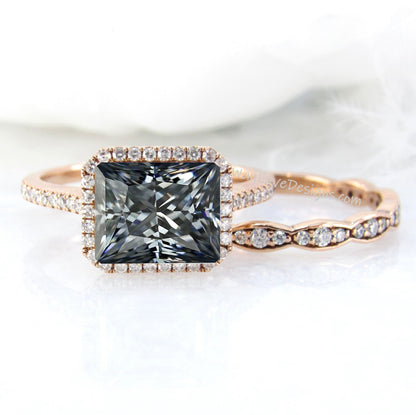 East West Gray Moissanite & Diamond Halo Engagement Ring Emerald cut Scalloped Wedding band Set Custom-Anniversary-14kt 18kt Gold-Platinum Wan Love Designs