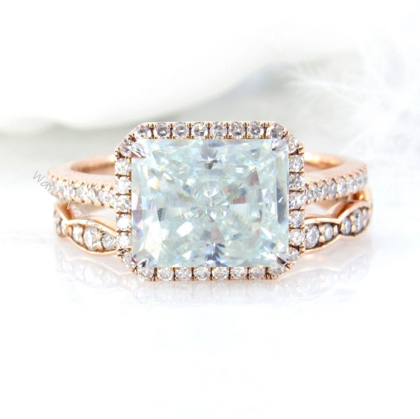 East West Moissanite & Diamond Halo Engagement Ring Emerald cut Scalloped Wedding band Set Custom-Anniversary-14kt 18kt Gold-Platinum Wan Love Designs