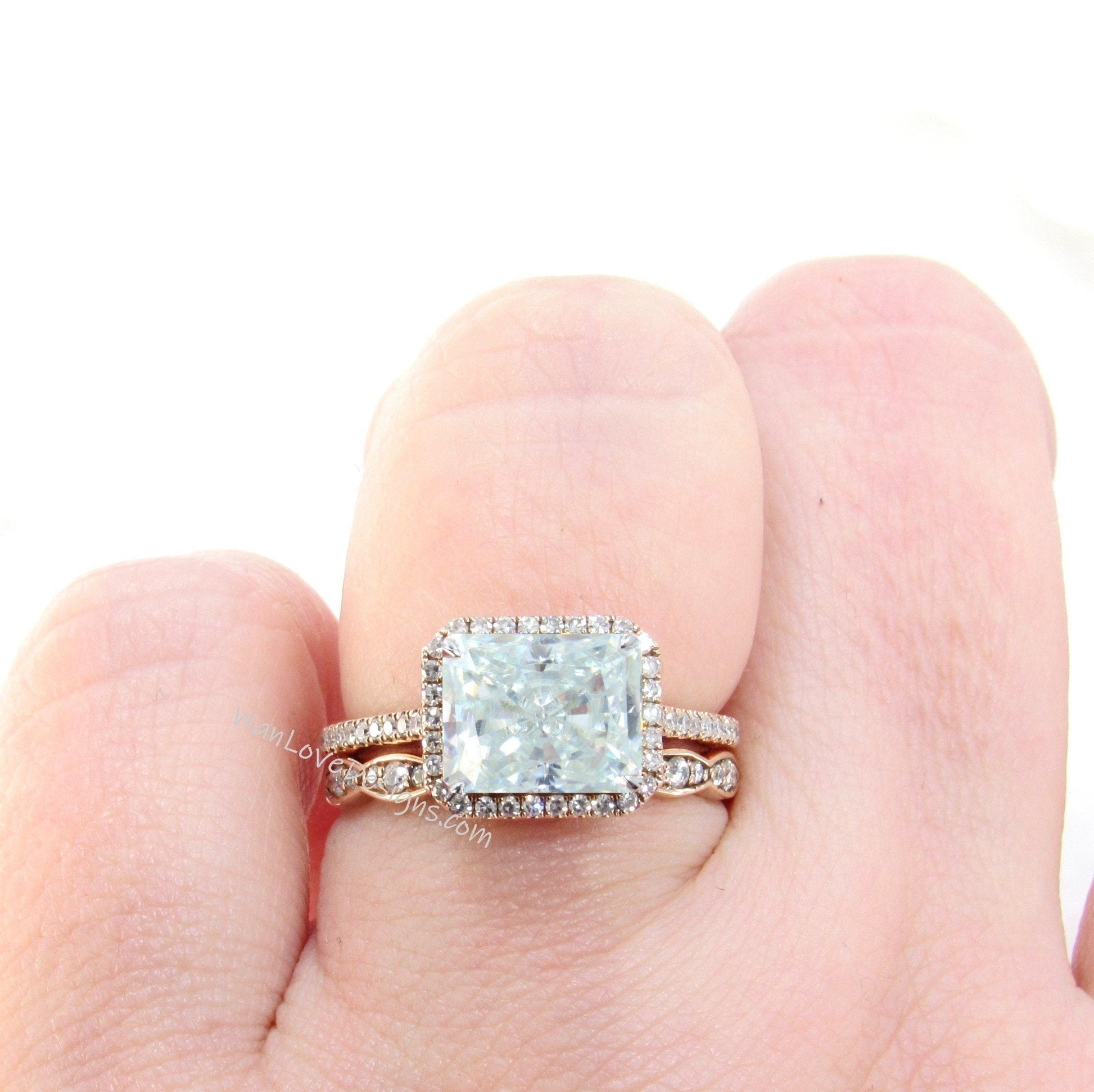 East West Moissanite & Diamond Halo Engagement Ring Emerald cut Scalloped Wedding band Set Custom-Anniversary-14kt 18kt Gold-Platinum Wan Love Designs