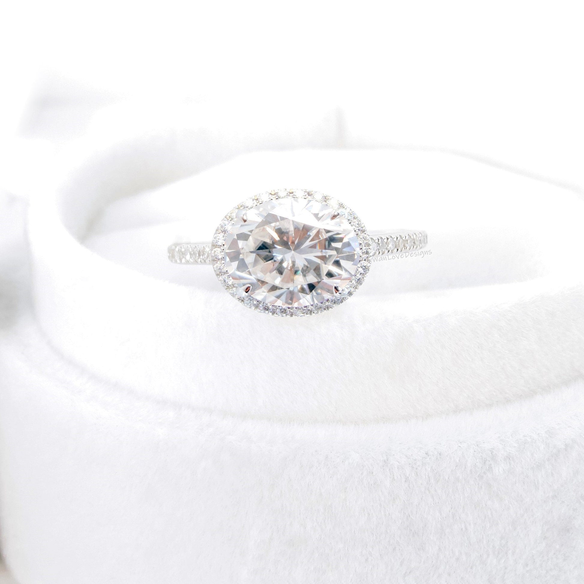 East West Moissanite Oval halo engagement ring white gold Unique halo engagement ring art deco Oval Diamond halo wedding Bridal promise ring Wan Love Designs