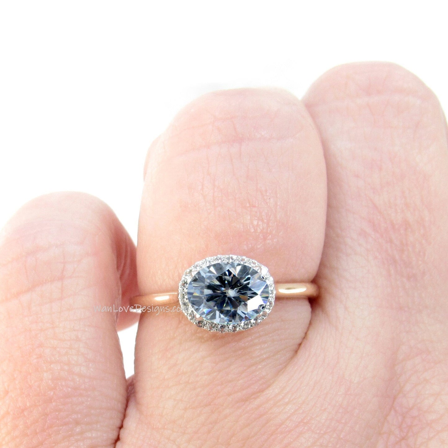 East West Oval halo Moissanite diamond Engagement Ring, Vintage 14K 18K Rose Gold Art Deco Oval Gray moissanite diamond halo bridal ring Wan Love Designs