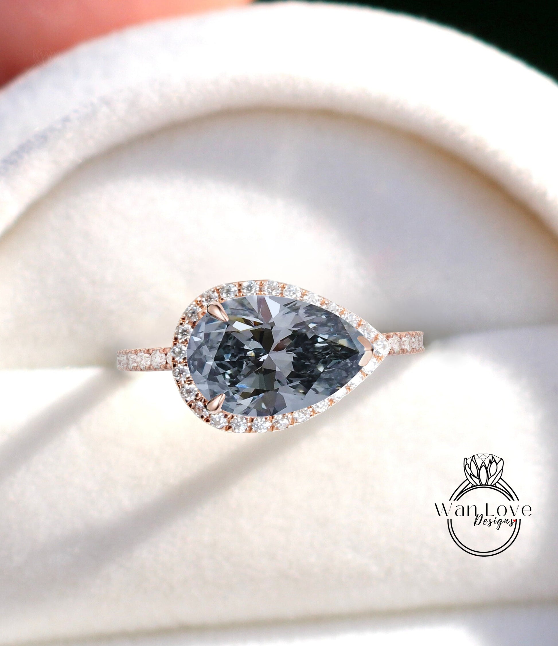 East West Pear Halo Engagement Ring, Antique Gray Moissanite engagement ring, diamond halo pear cut ring, vintage halo Ring, Unique Halo Ring Wan Love Designs