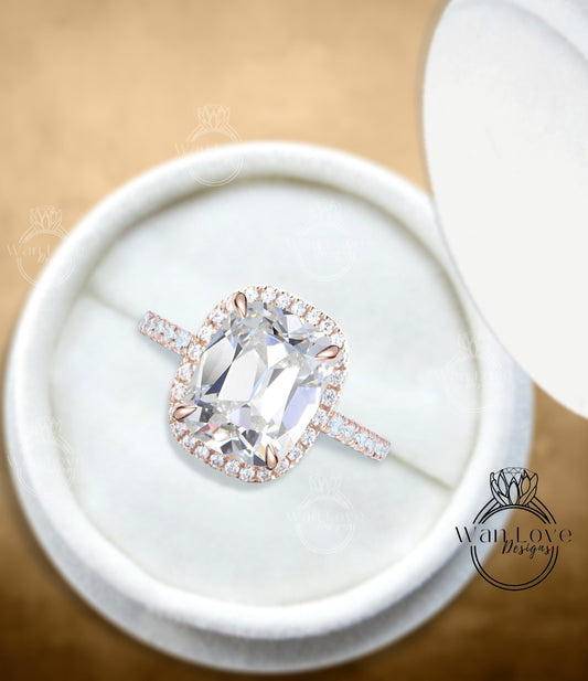 Elongated Antique Cushion cut Moissanite engagement ring gold vintage diamond halo engagement ring women Half eternity wedding Bridal Gift Wan Love Designs