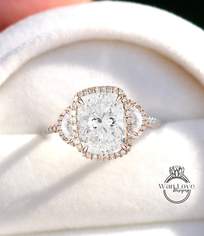 Elongated Cushion Diamond engagement ring cushion halo half moon rose gold art deco diamond three stone ring wedding Bridal ring Anniversary gift Wan Love Designs