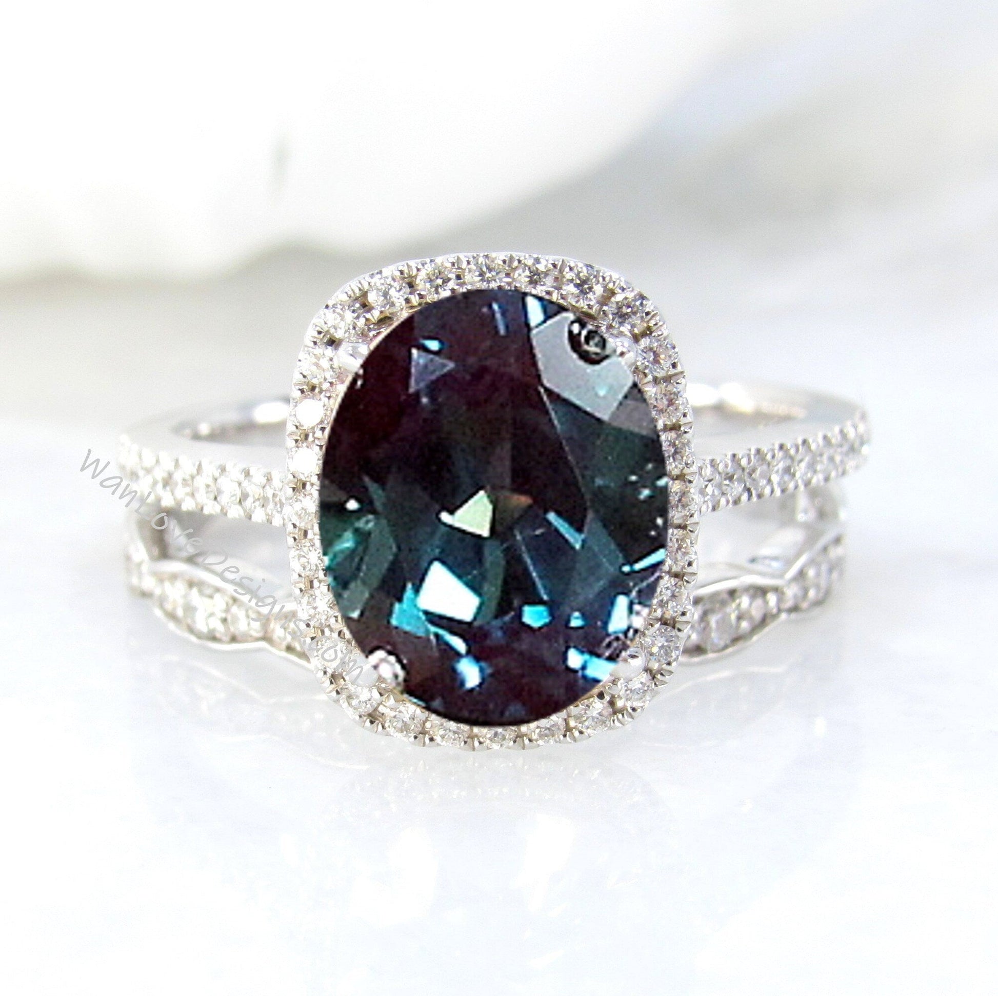 Elongated Cushion Halo Alexandrite Diamond Engagement