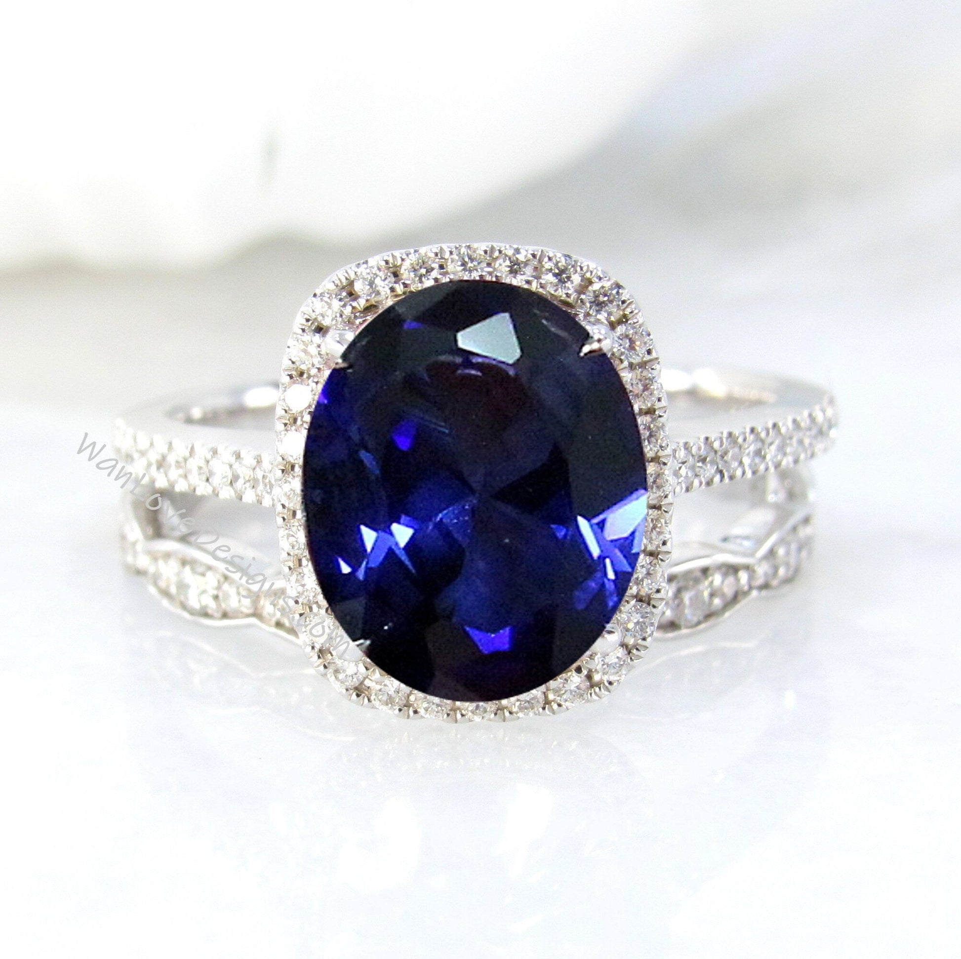 Elongated Cushion Halo Blue Sapphire Diamond Engagement Ring & Scalloped Wedding Band Set Custom, Oval 14k 18k White Yellow Rose Gold Wan Love Designs