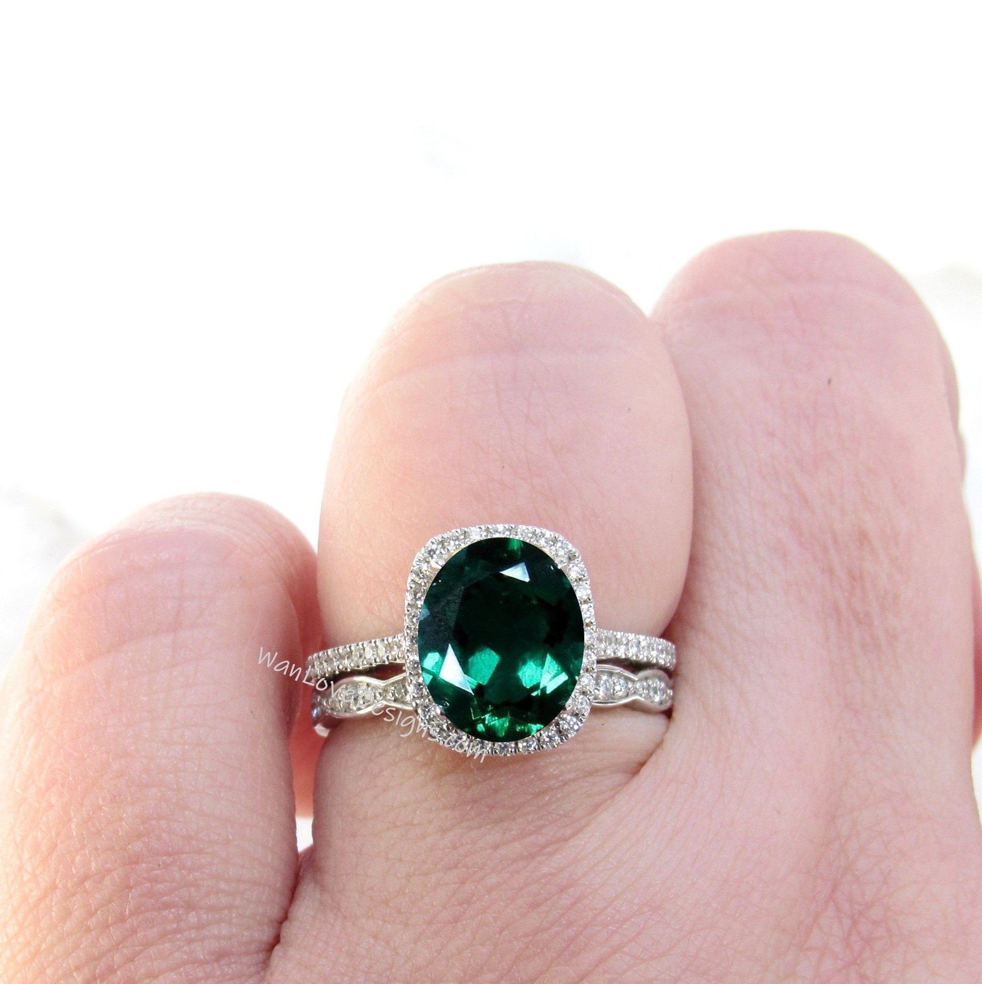 Elongated Cushion Halo Emerald Diamond Engagement Ring&Scalloped Wedding Band Set Custom, Oval 14k 18k White Yellow Rose Gold Wan Love Designs