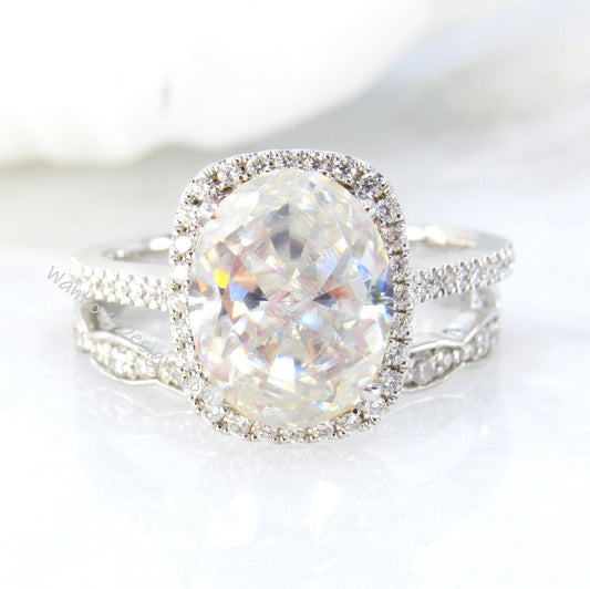 Elongated Cushion Halo Moissanite Diamond Engagement Ring&Scalloped Wedding Band Set Custom, Oval 14k 18k White Yellow Rose Gold Wan Love Designs