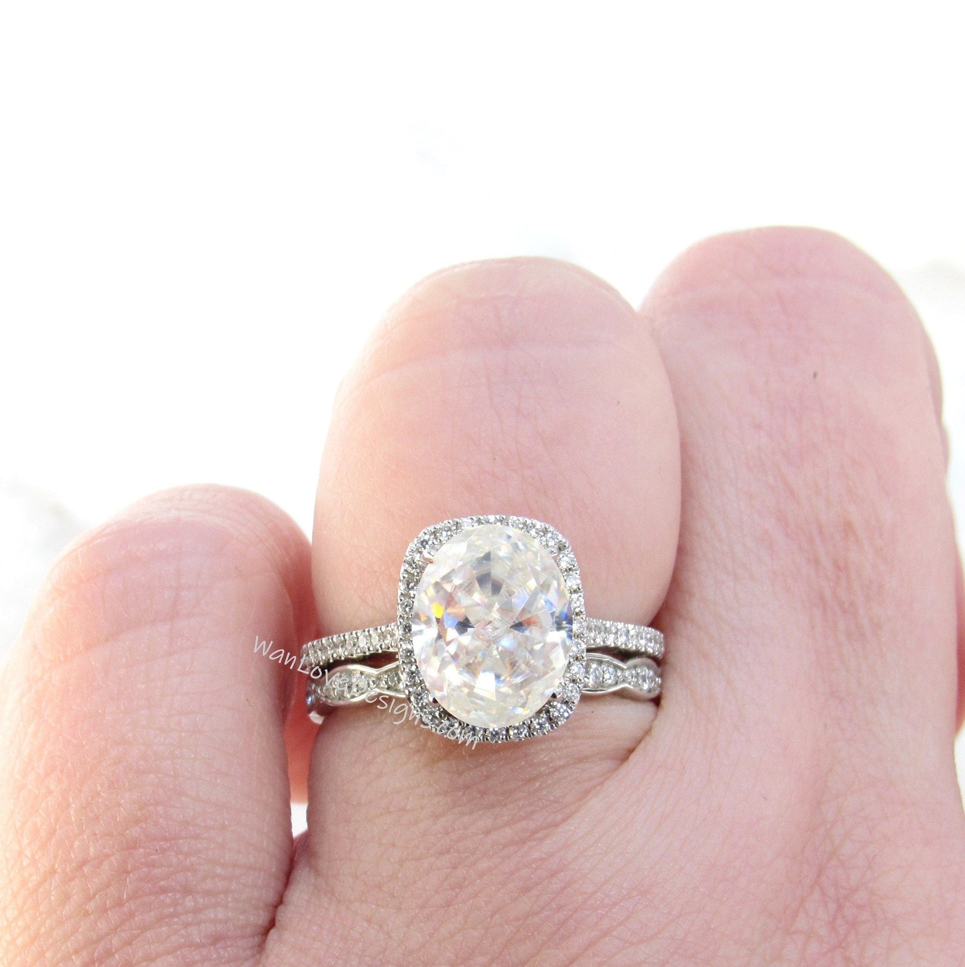 Elongated Cushion Halo Moissanite Diamond Engagement Ring&Scalloped Wedding Band Set Custom, Oval 14k 18k White Yellow Rose Gold Wan Love Designs