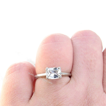 Elongated Cushion White Sapphire East West Engagement Ring, 14k White-Yellow-Rose Gold-Custom made-Wedding-Anniversary Gift, WanLoveDesigns Wan Love Designs