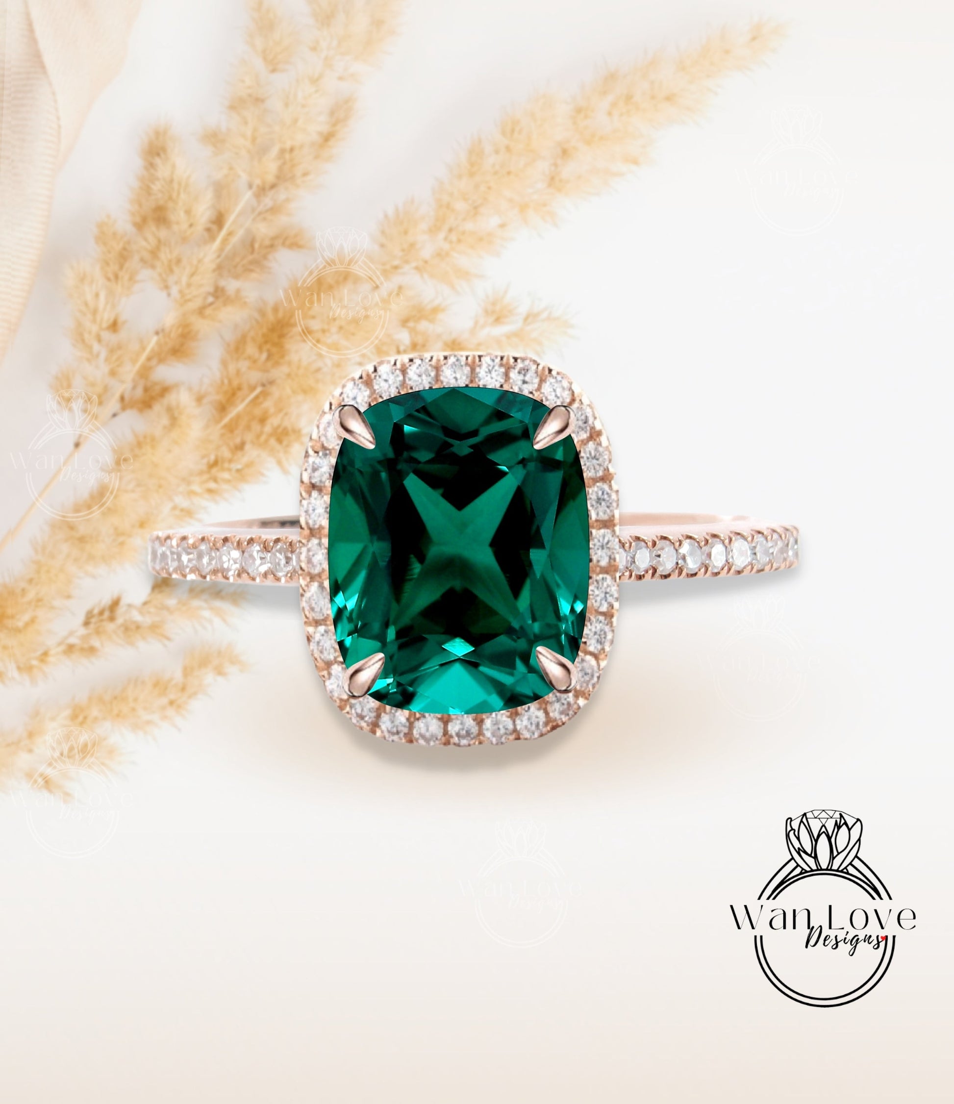 Elongated Cushion cut Emerald engagement ring gold vintage diamond halo engagement ring women Half eternity wedding Bridal Anniversary gift Wan Love Designs