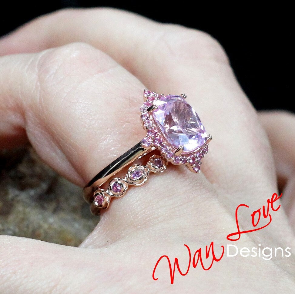 Elongated Cushion cut Light Pink Sapphire engagement ring set vintage bridal set antique cluster halo ring rose flower wedding band Wan Love Designs