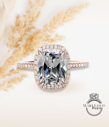 Elongated Cushion cut White Sapphire engagement ring gold vintage diamond halo engagement ring women Half eternity wedding Bridal Aniversary Wan Love Designs