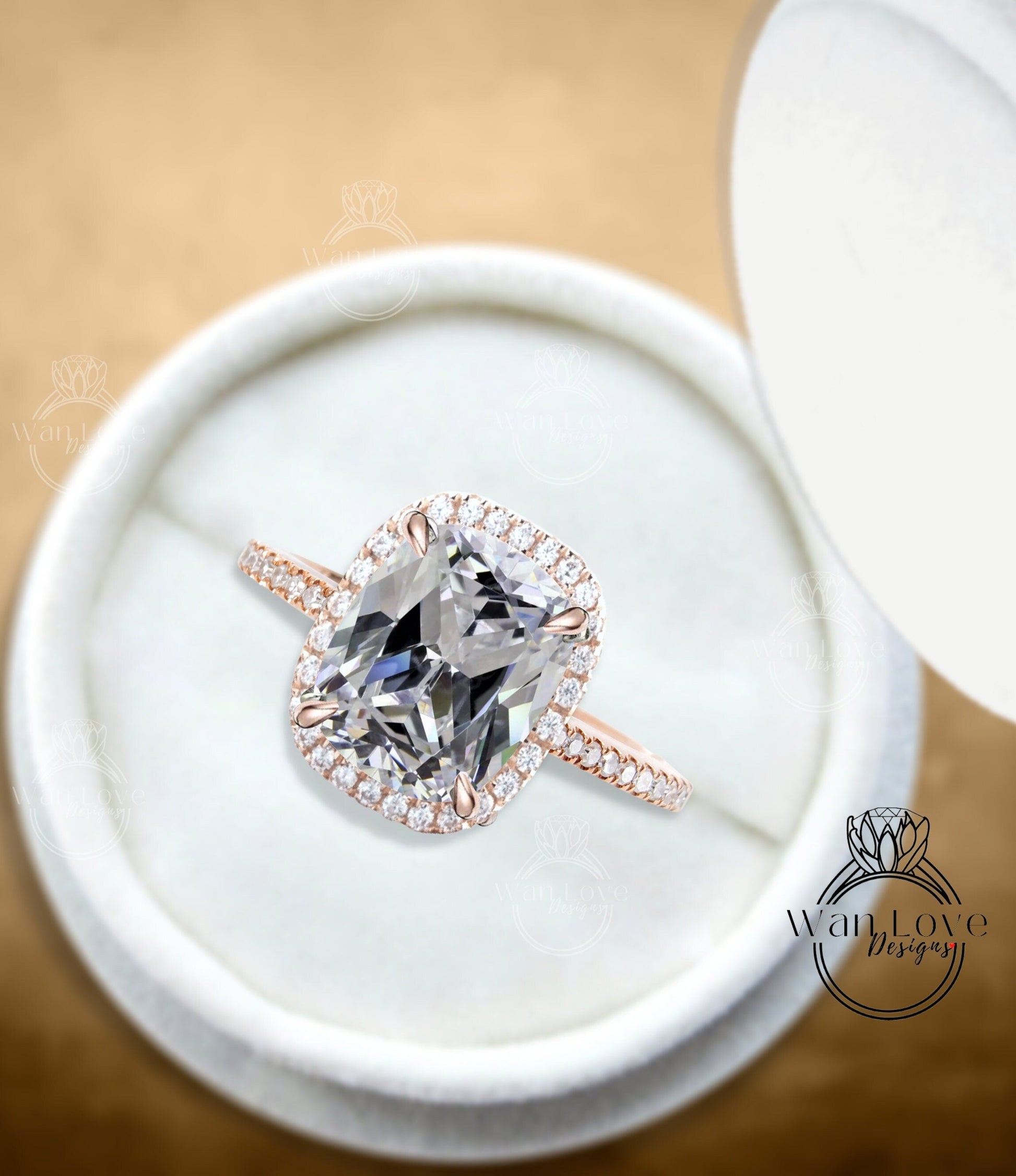 Elongated Cushion cut White Sapphire engagement ring gold vintage diamond halo engagement ring women Half eternity wedding Bridal Aniversary Wan Love Designs