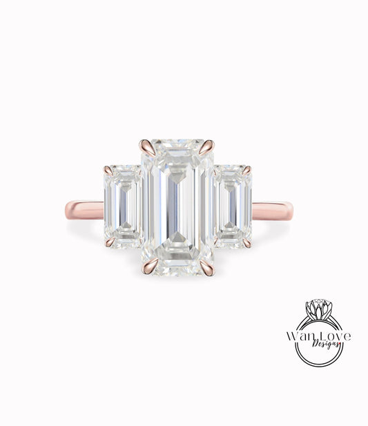 Elongated Emerald Baguette shape Moissanite engagement ring rose gold Unique Cluster vintage ring vintage Art Deco wedding ring Gift for her Wan Love Designs