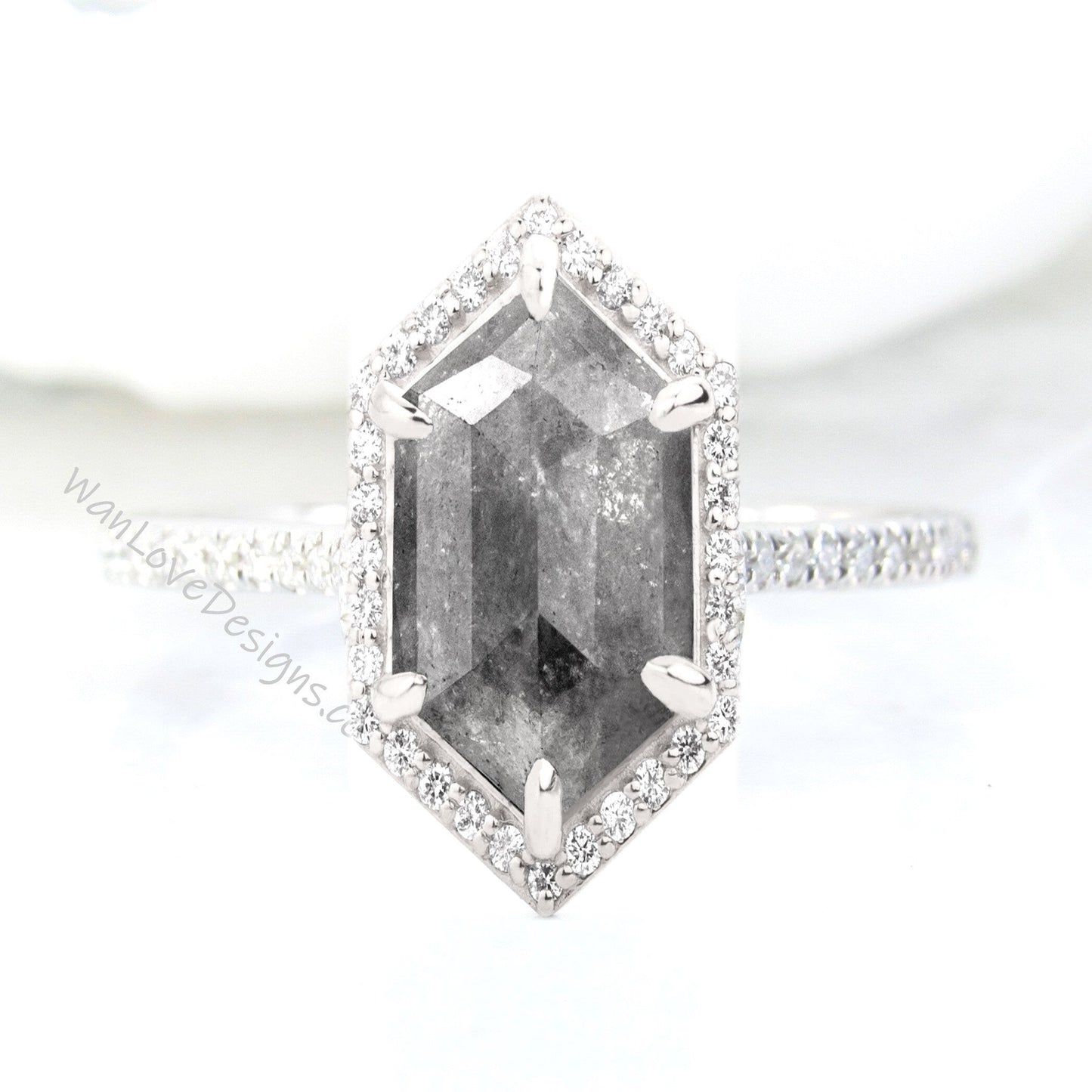 Elongated Hexagon Salt & Pepper Diamond Halo Engagement Ring Custom Wedding Anniversary Gift 14kt 18kt Gold, Platinum, WanLoveDesigns Wan Love Designs