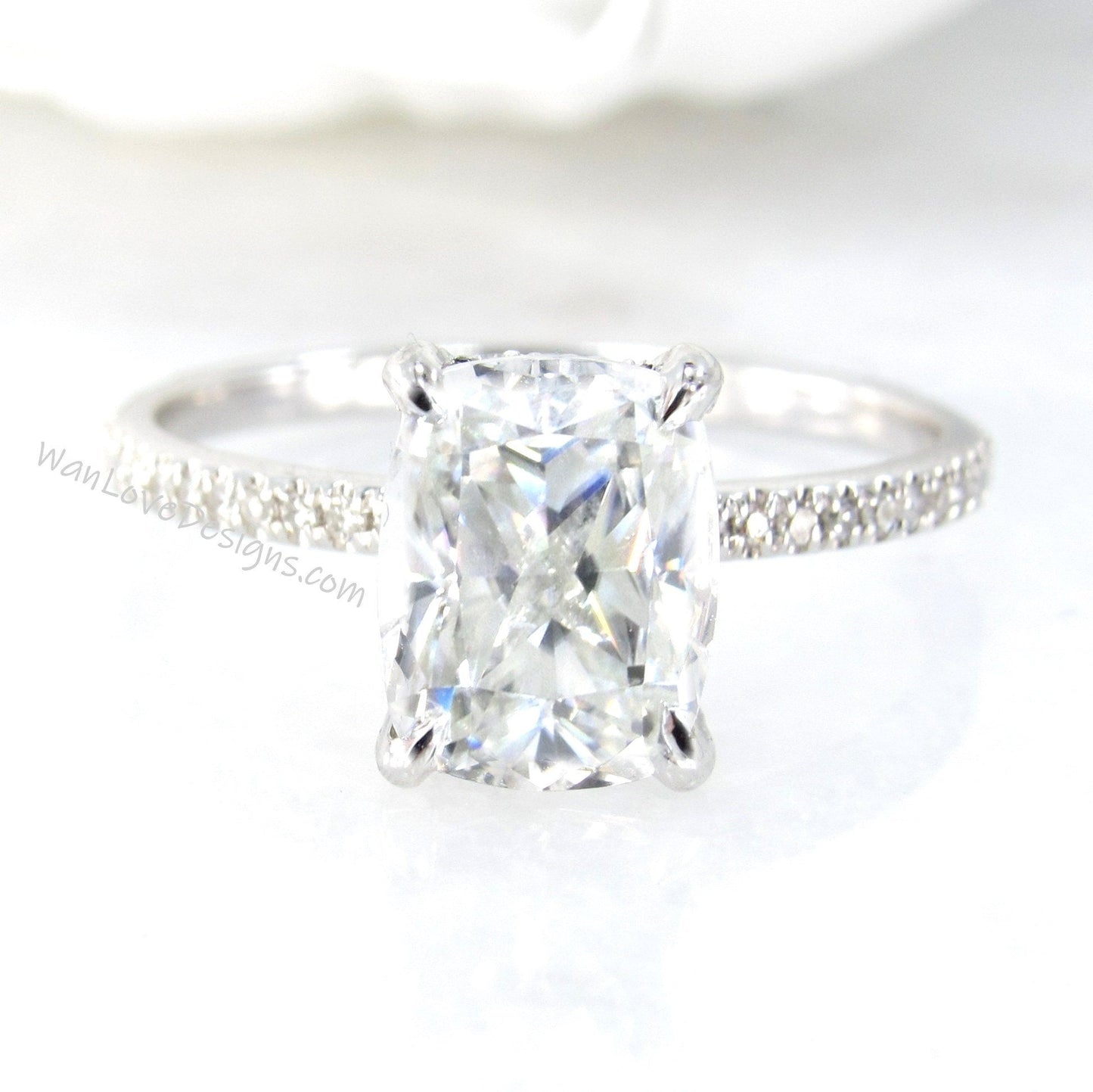 Elongated cushion shape Diamond engagement ring vintage White gold diamond halo ring unique Certified Diamond ring Anniversary promise ring Wan Love Designs