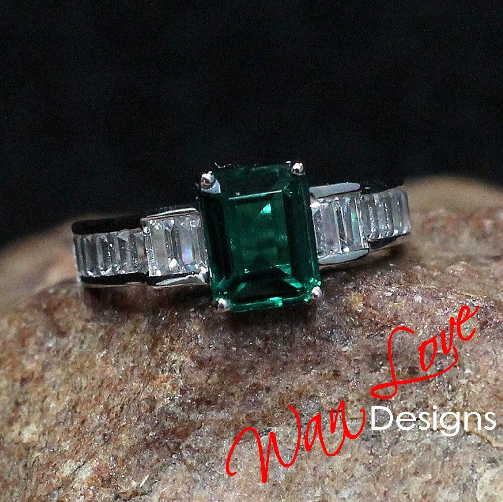 Emerald Art Deco Moissanite Emerald Baguette Engagement Ring 3ct 9x7mm Custom Wedding Anniversary Gift Wan Love Designs