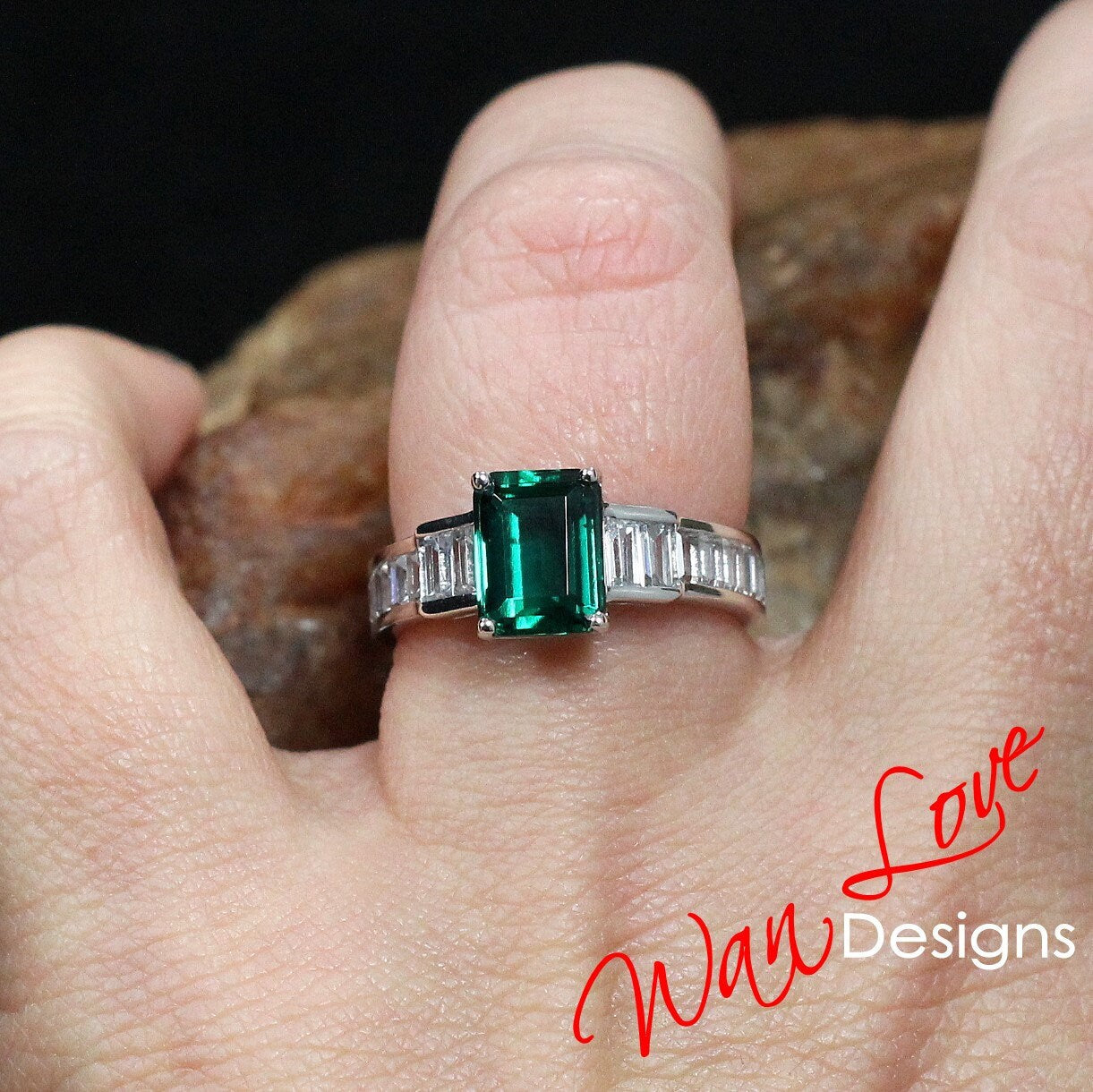 Emerald Art Deco Moissanite Emerald Baguette Engagement Ring 3ct 9x7mm Custom Wedding Anniversary Gift Wan Love Designs