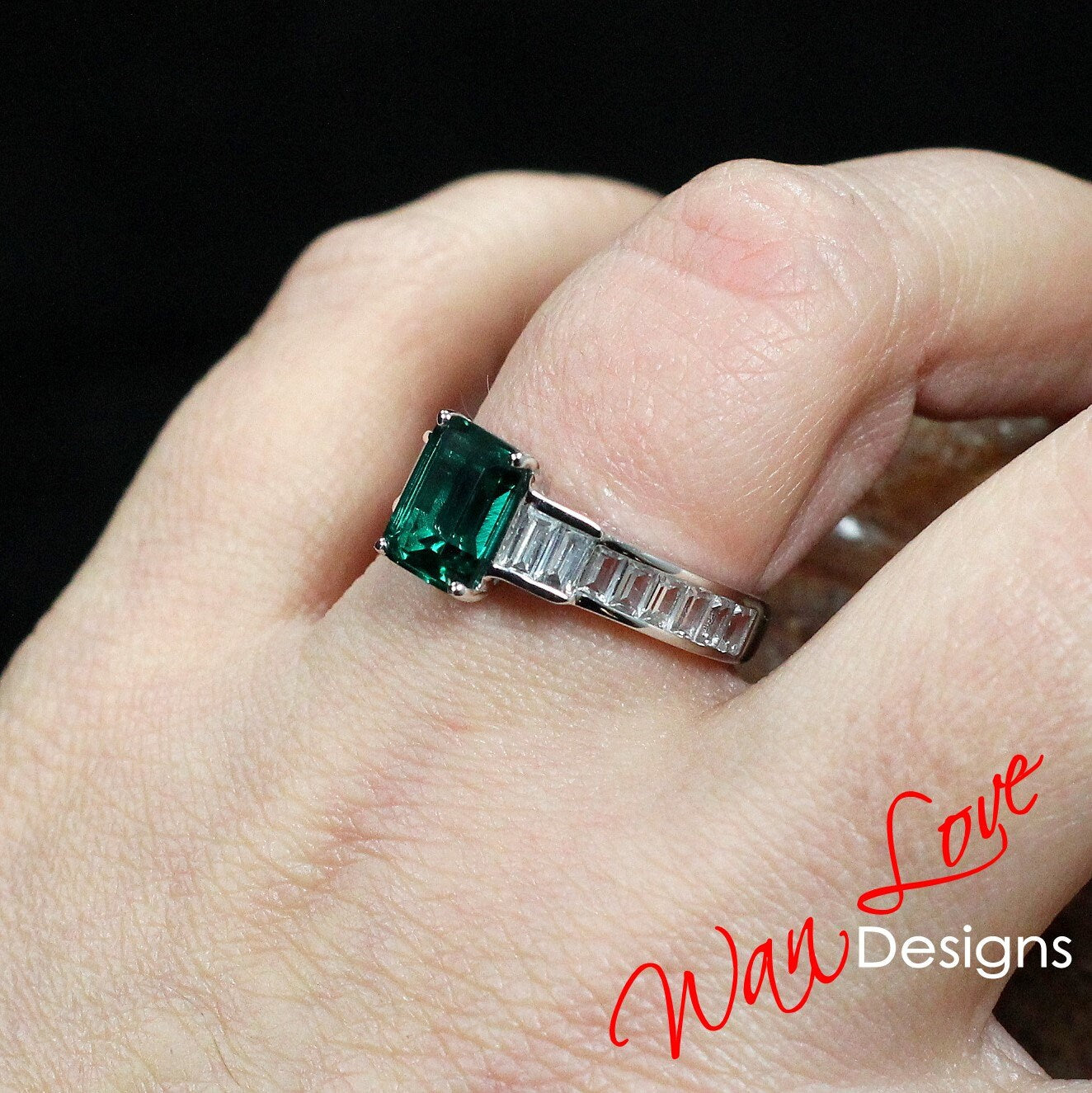 Emerald Art Deco Moissanite Emerald Baguette Engagement Ring 3ct 9x7mm Custom Wedding Anniversary Gift Wan Love Designs