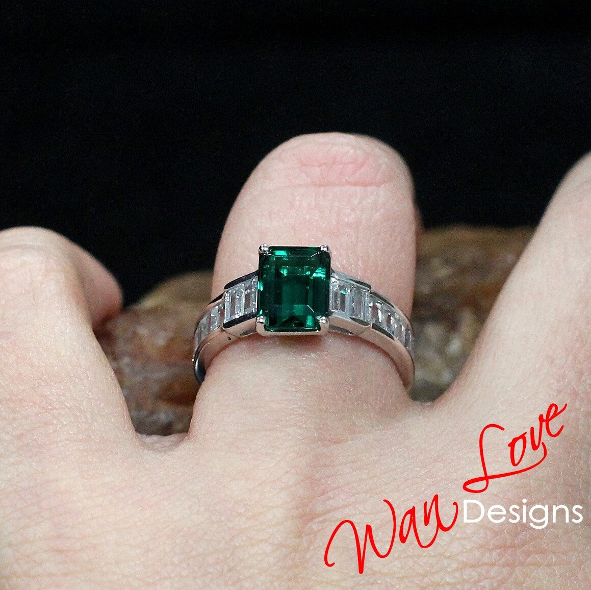 Emerald Art Deco Moissanite Emerald Baguette Engagement Ring 3ct 9x7mm Custom Wedding Anniversary Gift Wan Love Designs