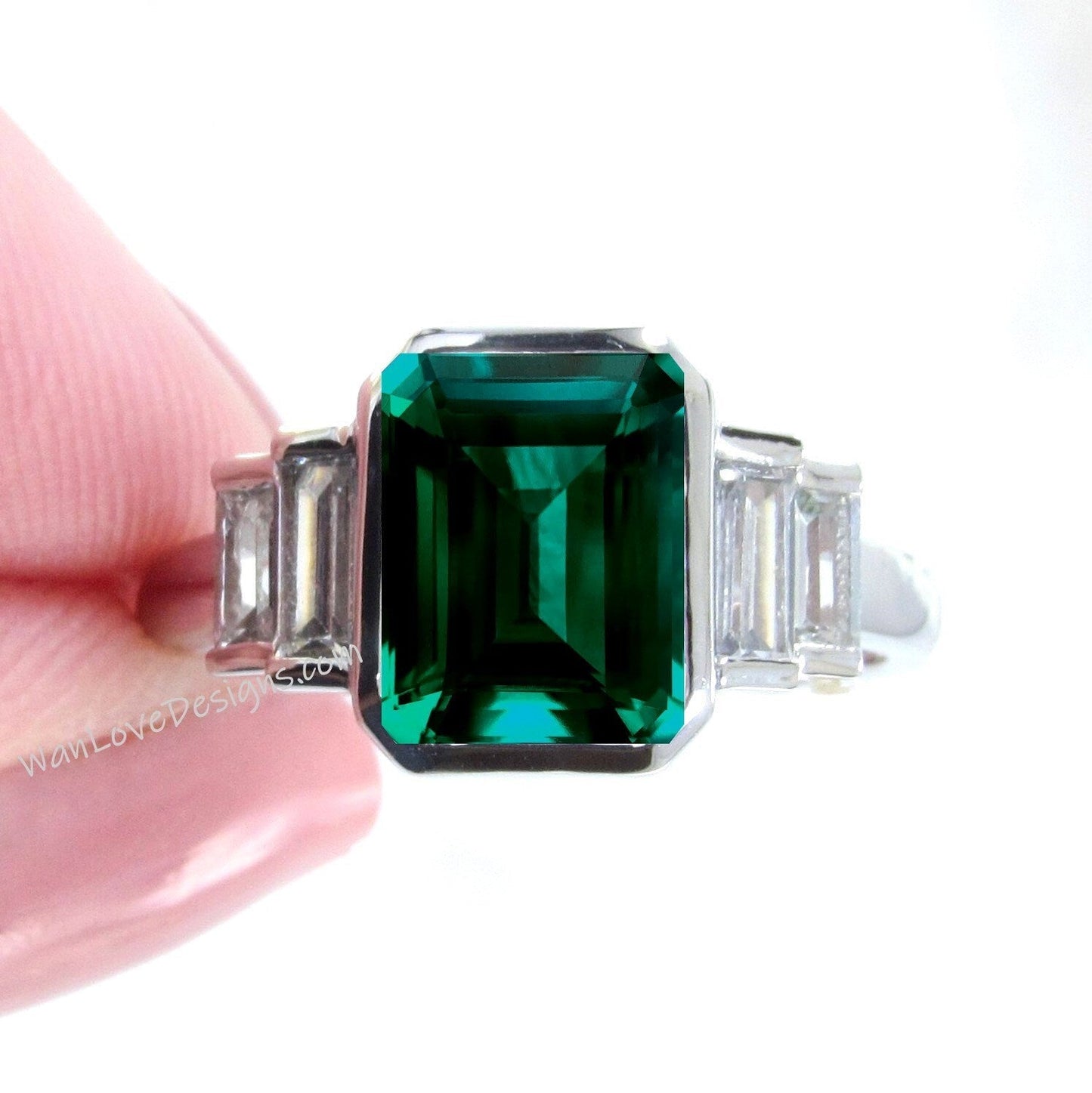 Emerald Baguette Bezel 5 Gemstone Moissanite Engagement Ring Custom Wedding Anniversary Gift 14kt 18kt Gold, Platinum Wan Love Designs