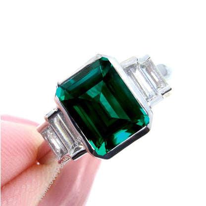 Emerald Baguette Bezel 5 Gemstone Moissanite Engagement Ring Custom Wedding Anniversary Gift 14kt 18kt Gold, Platinum Wan Love Designs