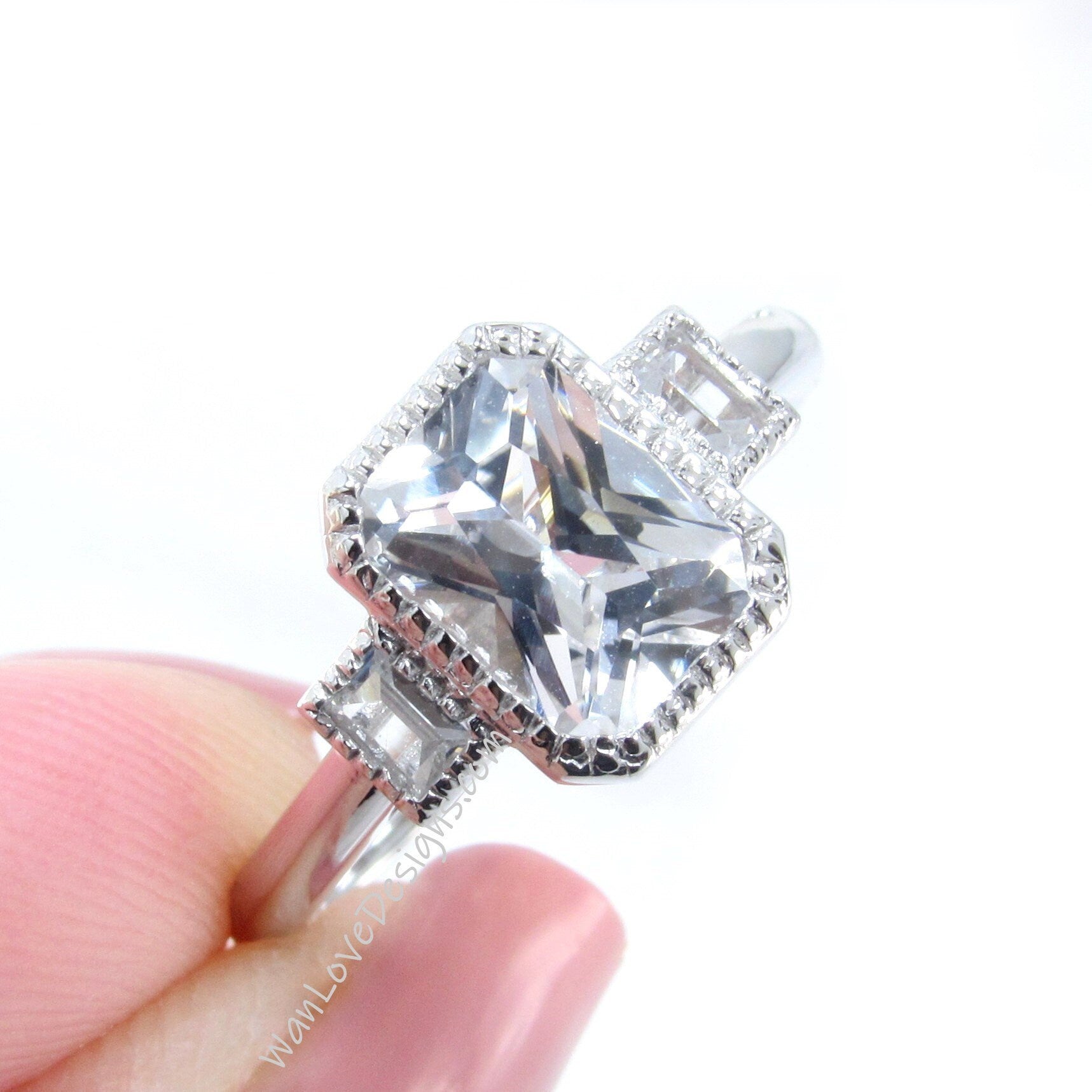 Emerald Bezel vintage engagement ring White Sapphire ring white gold ring art deco ring milgrain bezel ring anniversary ring, Ready to Ship Wan Love Designs
