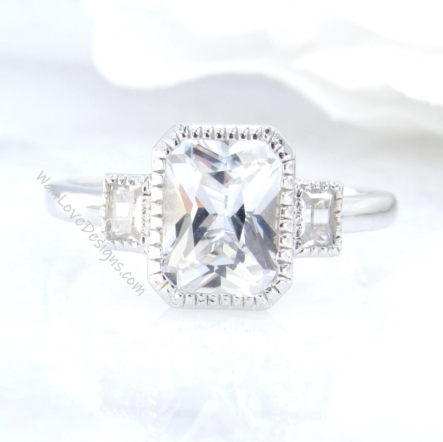 Emerald Bezel vintage engagement ring White Sapphire ring white gold ring art deco ring milgrain bezel ring anniversary ring, Ready to Ship Wan Love Designs