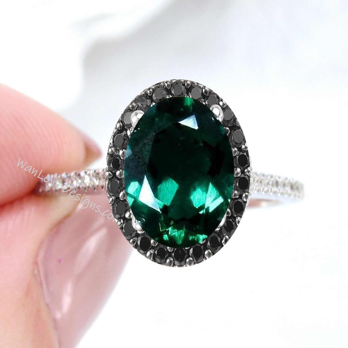Emerald & Black White Diamond Oval Halo Engagement Ring Custom 14k 18k White Yellow Rose gold Platinum Wedding Anniversary Gift Wan Love Designs