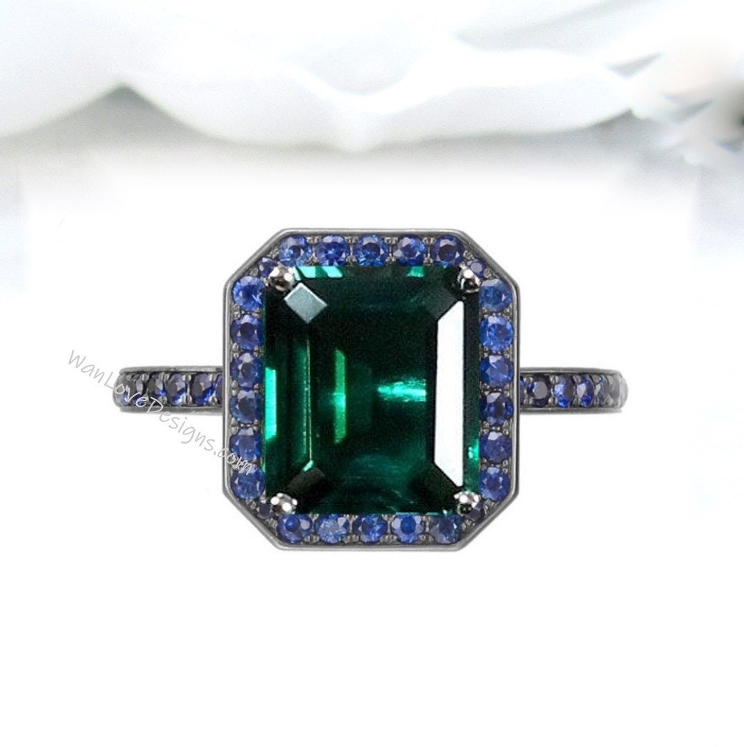 Emerald & Blue Sapphire Halo Engagement Ring Wedding Anniversary Gift 10k 14k 18k Gold Platinum Custom Wan Love Designs
