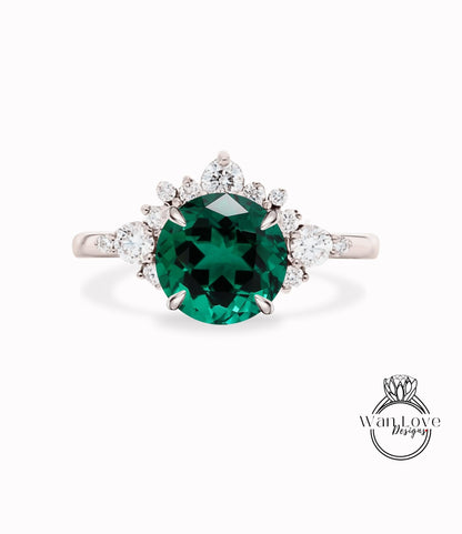 Emerald Cluster Half Halo engagement ring Diamonds Unique cluster White Rose Gold Ring woman Promise Anniversary Gift Wan Love Designs