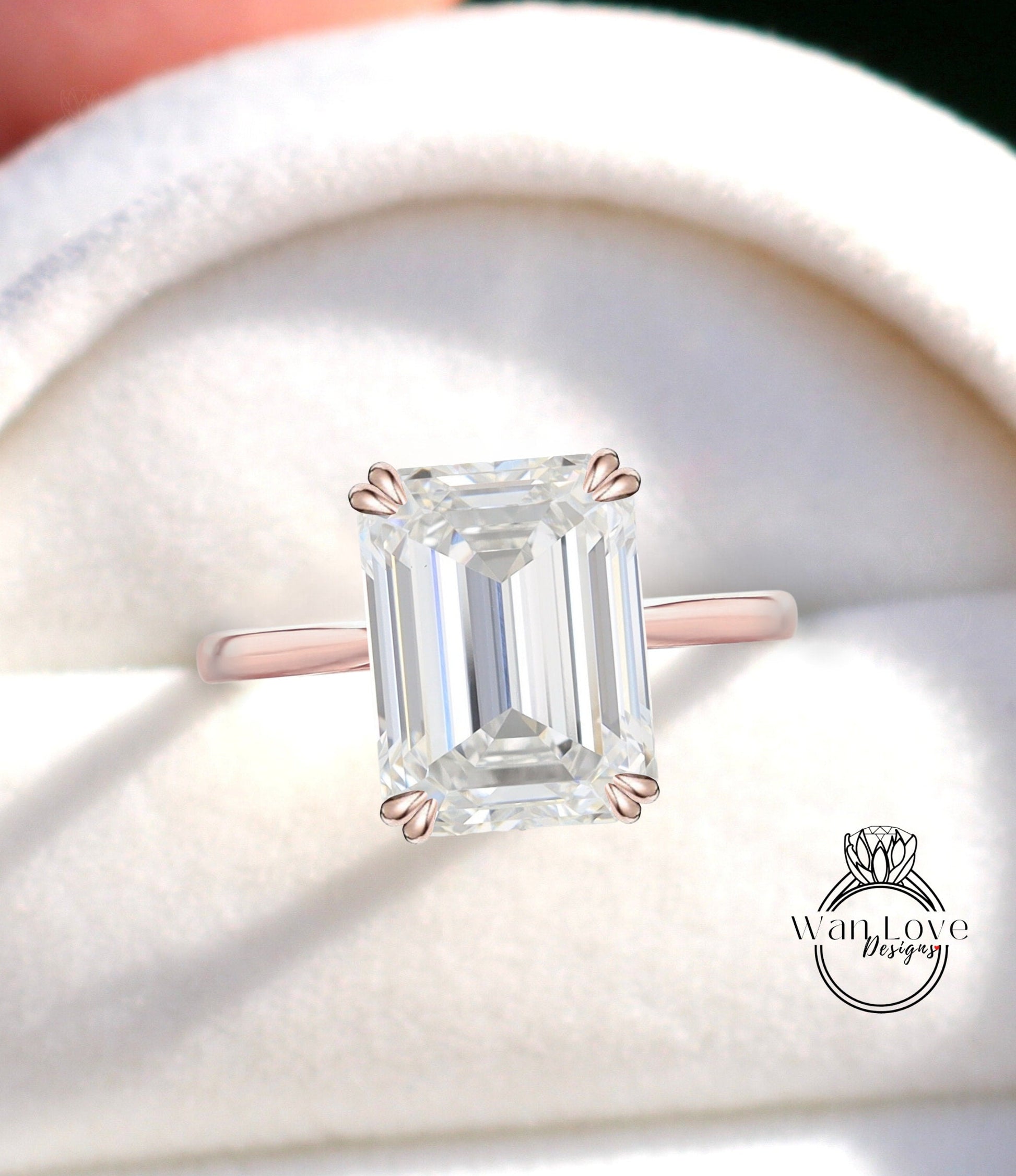 Emerald Cut Moissanite Engagement Ring, 14k White Gold Double prong Solitaire Ring, Plain Wedding Band, Womens Anniversary Ring, Bridal Ring Wan Love Designs