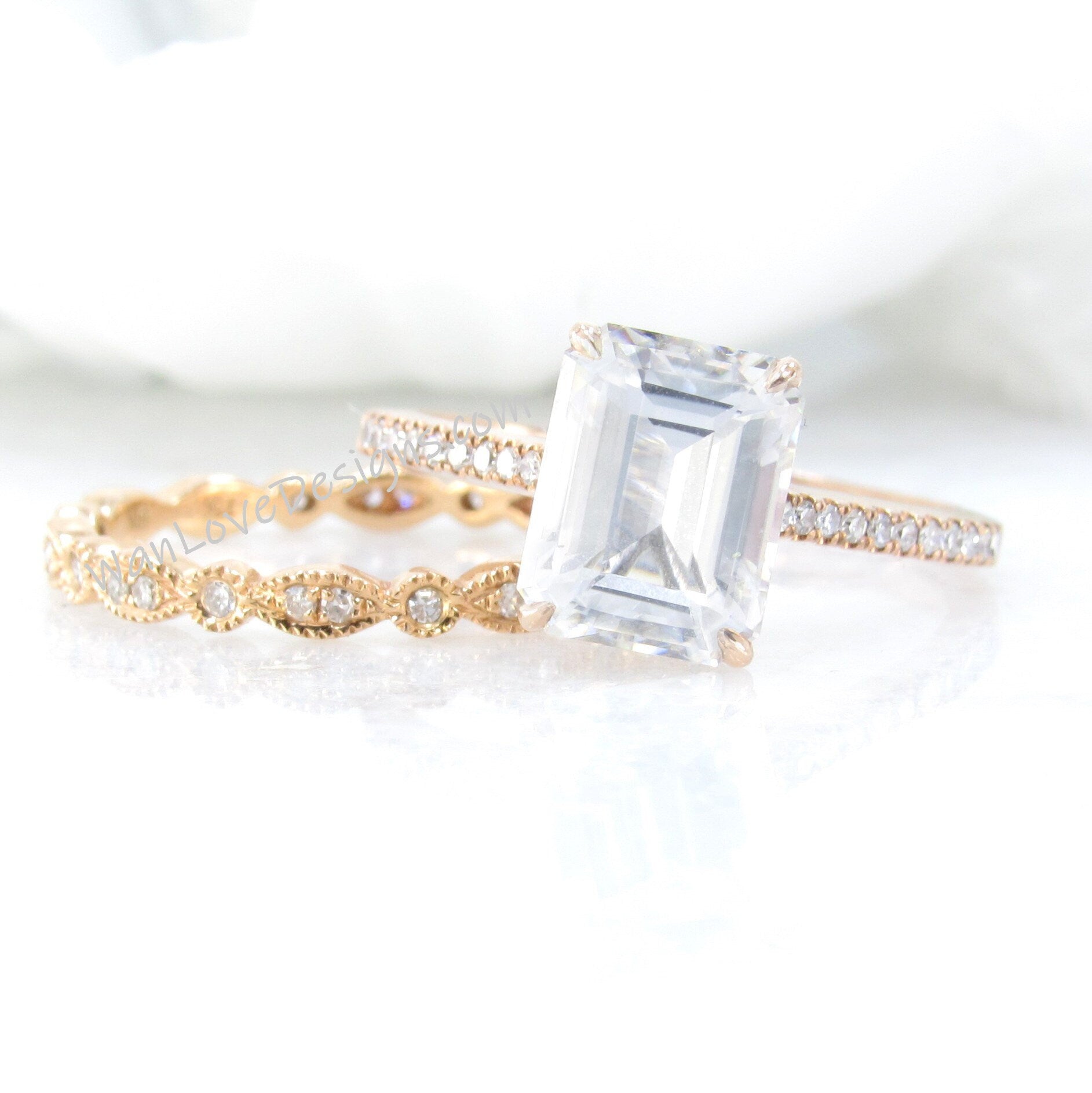 Emerald Cut White Sapphire engagement ring set rose gold Vintage engagement ring set Antique Diamond half Eternity wedding Bridal Aniversary Wan Love Designs
