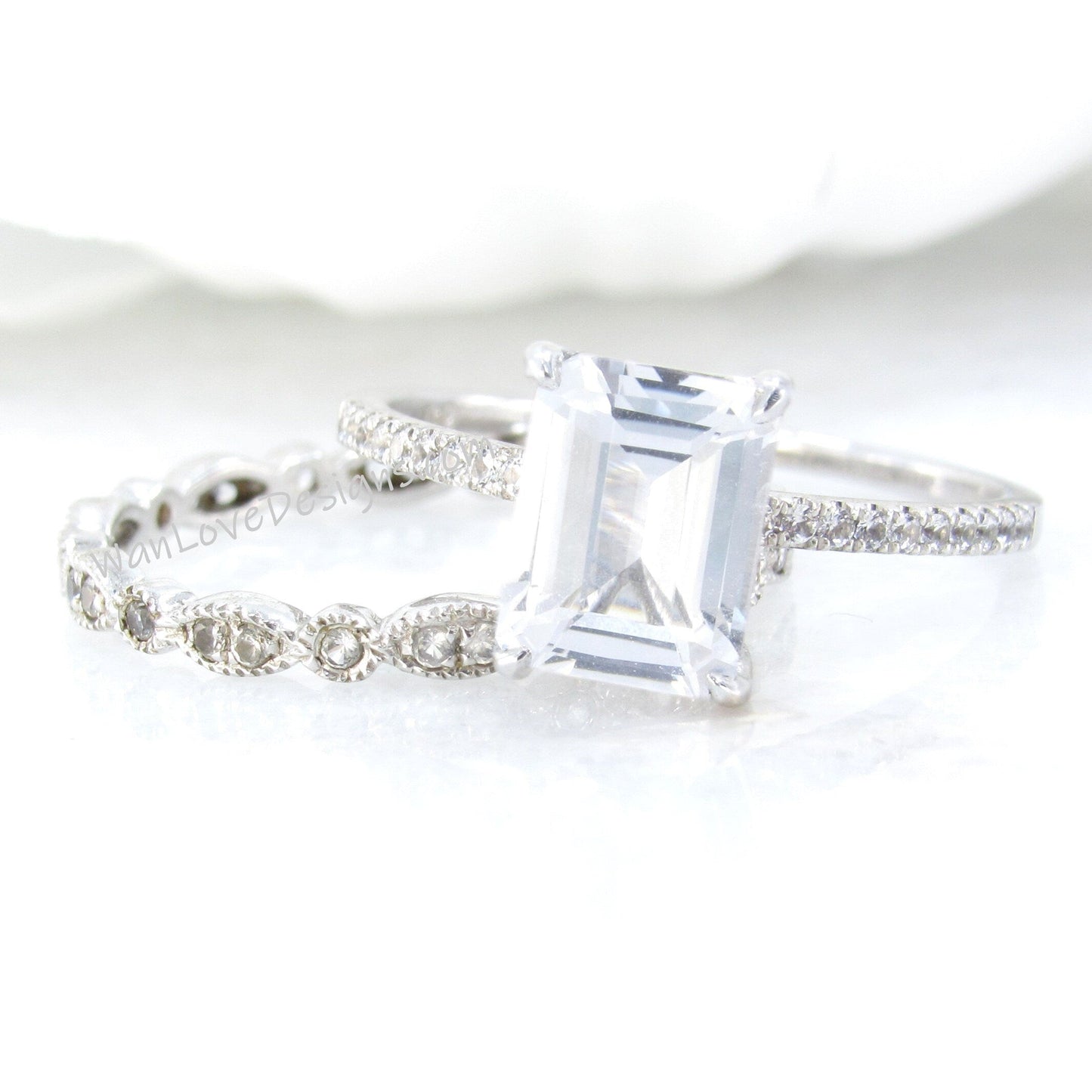 Emerald Cut White Sapphire engagement ring set rose gold Vintage engagement ring set Antique Diamond half Eternity wedding Bridal Aniversary Wan Love Designs