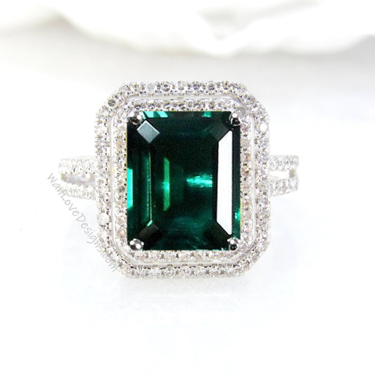 Emerald & Diamond 2 Halo Engagement Ring, Double Halo, Custom made for you, Wedding, Anniversary Gift, Proposal, Statement Wan Love Designs
