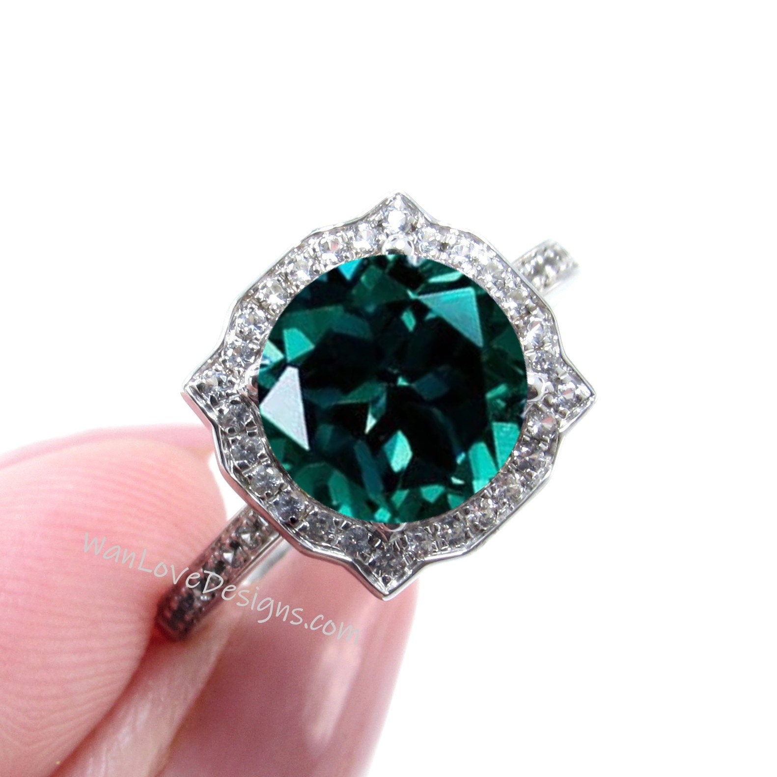 Emerald & Diamond Antique Bezel Frame Engagement Ring Basket Vintage Art Deco 14k 18k White Yellow Rose Gold-Platinum-Custom-Wedding Wan Love Designs