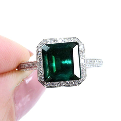 Emerald & Diamond Asscher Halo Engagement Ring, 3 sided shank, Custom,Wedding,14k 18k White Rose Yellow Gold,Platinum,Anniversary Wan Love Designs