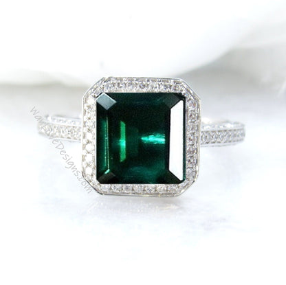 Emerald & Diamond Asscher Halo Engagement Ring, 3 sided shank, Custom,Wedding,14k 18k White Rose Yellow Gold,Platinum,Anniversary Wan Love Designs