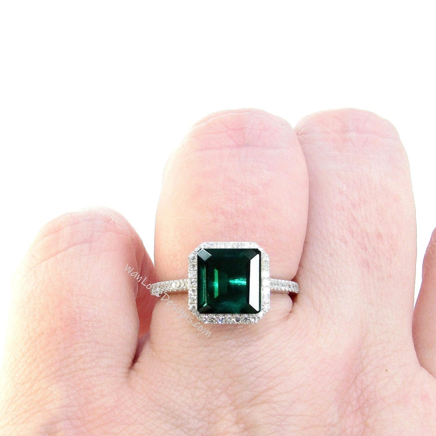 Emerald & Diamond Asscher Halo Engagement Ring, Floating Square Cathedral, Custom, 14kt 18kt Gold, Platinum, WanLoveDesigns Wan Love Designs