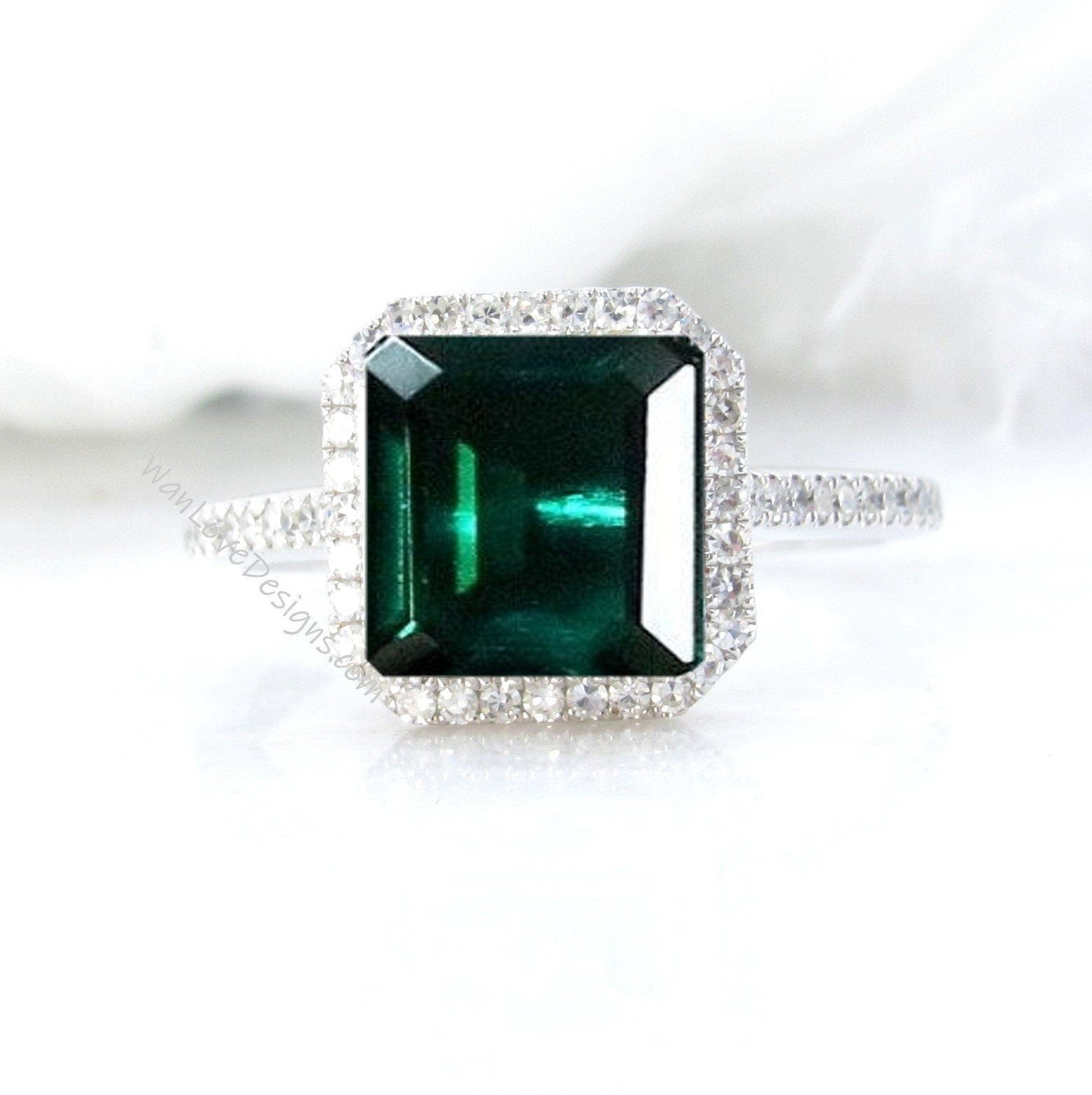 Emerald & Diamond Asscher Halo Engagement Ring, Floating Square Cathedral, Custom, 14kt 18kt Gold, Platinum, WanLoveDesigns Wan Love Designs