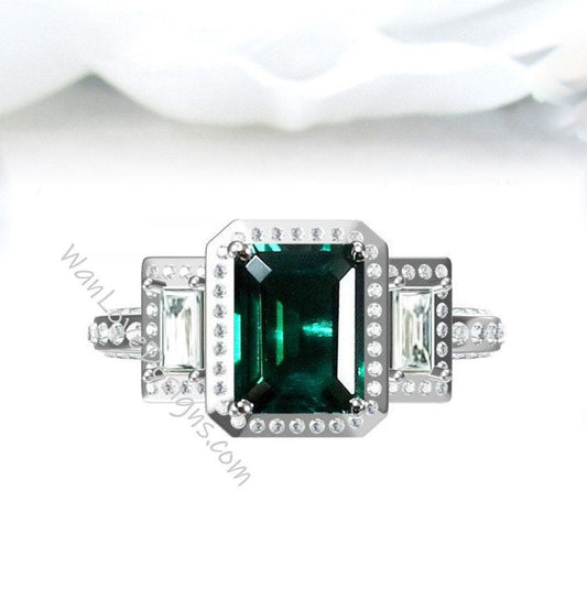 Emerald & Diamond Baguette Emerald Engagement Ring, 3ct 9x7mm, Custom, 14k 18k White Yellow Rose gold-Platinum-Custom-Wedding-Gift Wan Love Designs