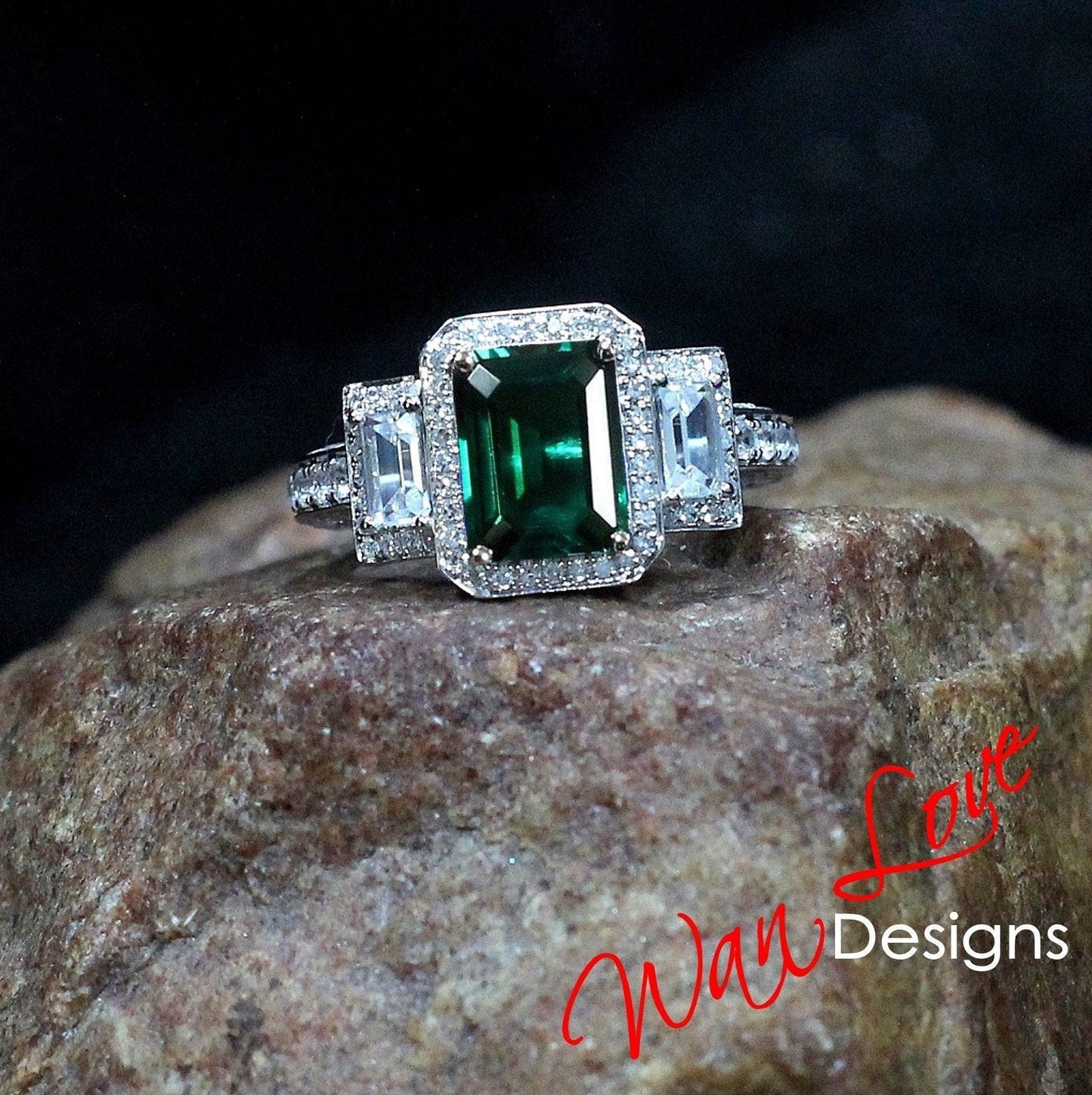 Emerald & Diamond Baguette Emerald Engagement Ring, 3ct 9x7mm, Custom, 14k 18k White Yellow Rose gold-Platinum-Custom-Wedding-Gift Wan Love Designs