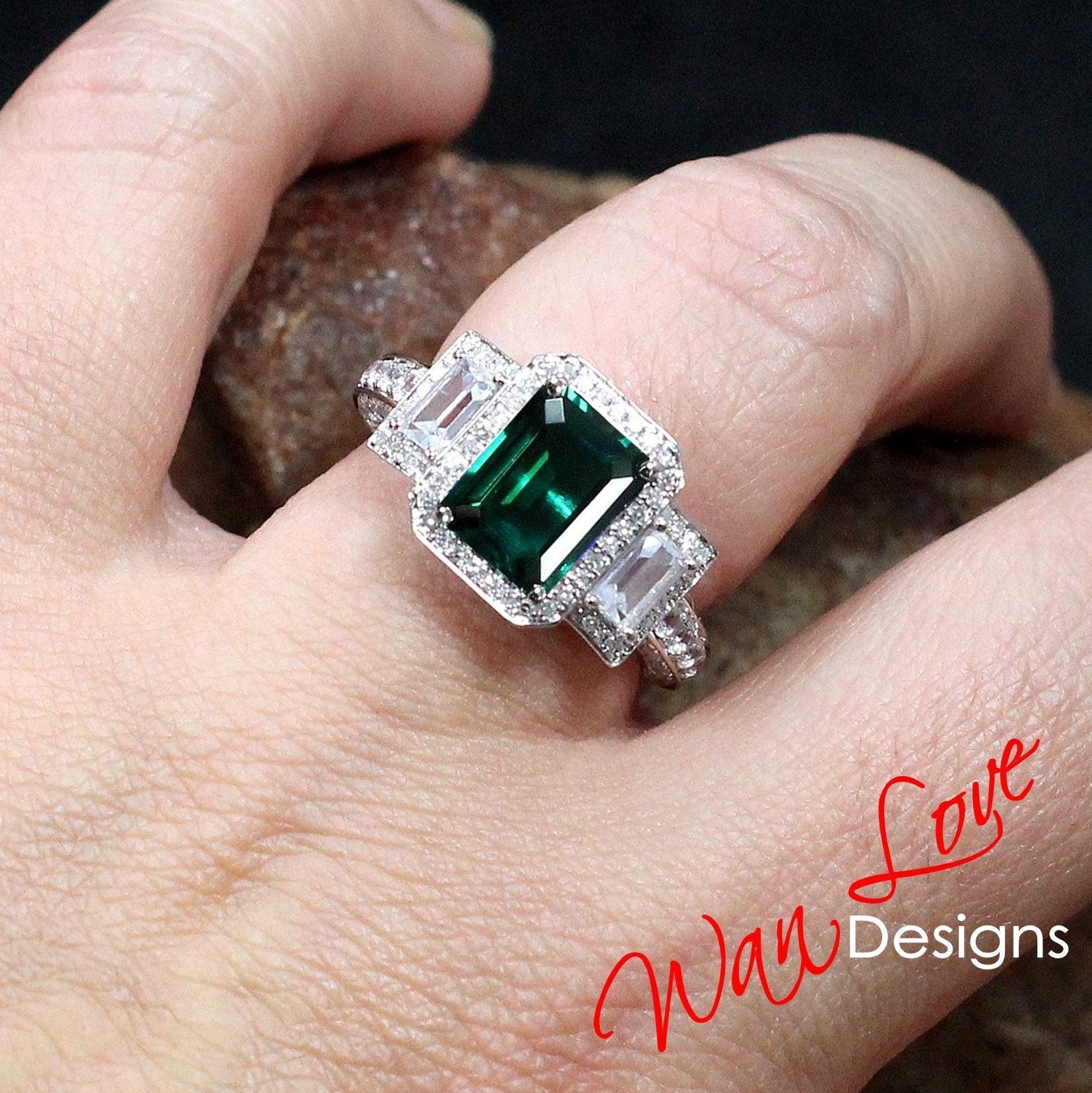 Emerald & Diamond Baguette Emerald Engagement Ring, 3ct 9x7mm, Custom, 14k 18k White Yellow Rose gold-Platinum-Custom-Wedding-Gift Wan Love Designs