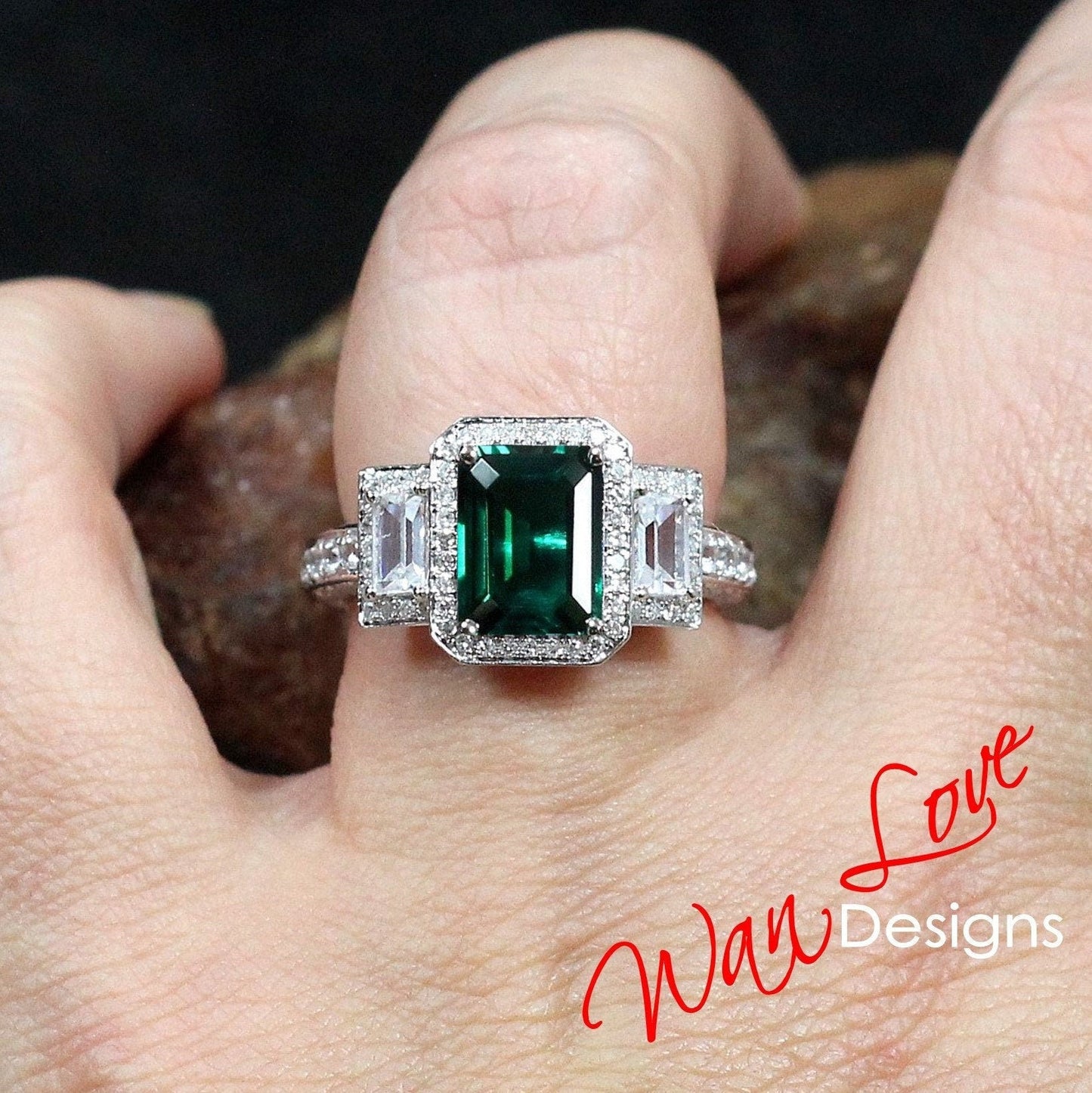 Emerald & Diamond Baguette Emerald Engagement Ring, 3ct 9x7mm, Custom, 14k 18k White Yellow Rose gold-Platinum-Custom-Wedding-Gift Wan Love Designs