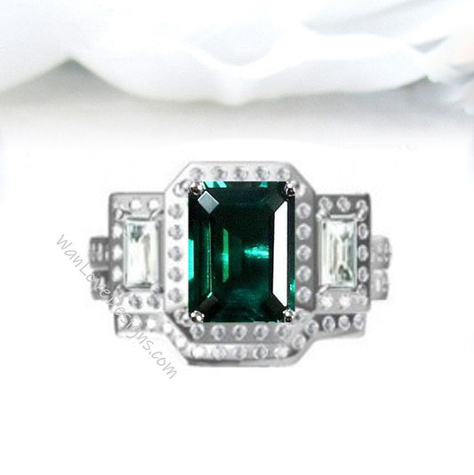 Emerald & Diamond Baguettes Emerald Halo Engagement Ring Contoured Wedding Band Set, 3ct 9x7mm, Custom, 14kt 18kt gold-Platinum-Custom Wan Love Designs