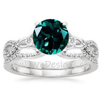 Emerald & Diamond Celtic Knot Infinity 3 gemstone Engagement Ring Wedding Band Set, Celestial moon, 14kt 18kt Gold, Platinum, Custom Wan Love Designs